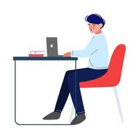 Man Sitting at the Table and Working on the Laptop Computer Illustration vector
