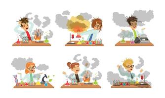 Collection of Boy and Girls Scientist After Failed Experiments, Schoolchildren Experimenting in Science Laboratory Illustration vector