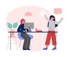 Office Colleagues Working Together, Business Characters Meeting and Communicating in Comfortable Office Space with Equipped Workplace Flat Illustration vector
