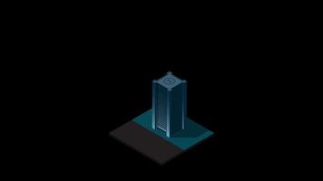 Isometric city building at night animation. Isometric modern building. Skyscraper building or business office. Motion graphic. Transparent background with alpha channel video