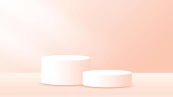 Two white cylindrical pedestals on a soft peach background. 3D rendered illustration with a minimalist aesthetic. Suitable for product display mockups, showcasing items in a clean, modern setting. vector