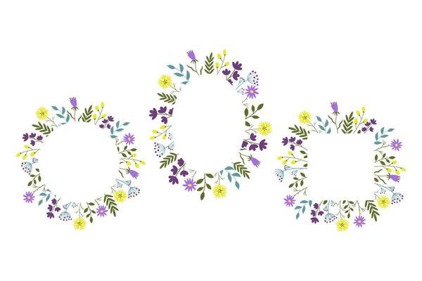 frames borders with flower branches and plants. Hand drawn coloured festive spring backgrounds for text. Design elements for congratulating of holidays, invitation, Mother's Day, birthday