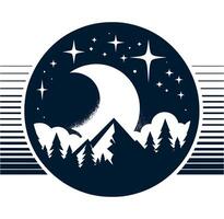 A moon and stars in the night sky with mountains and trees vector