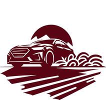 Car icon with mountains and sun on white background vector