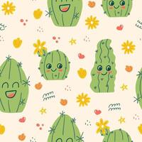 Seamless Pattern with Cute Hand Drawn Cactus Characters and Flowers vector