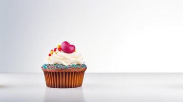 Three cupcakes with frosting and sprinkles on a white background photo
