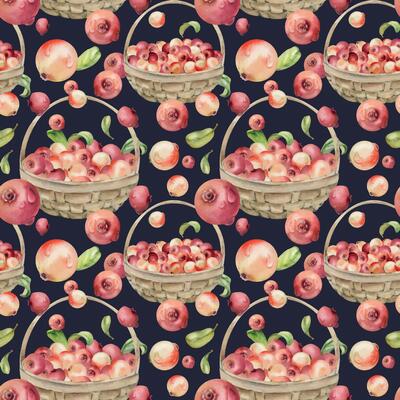 Lingonberry cranberry with leaves in weaved basket, ripe picked forest berry harvest hand drawn in watercolor. Dark background seamless pattern. Home preserves, cafe menu, recipe book, farmers market