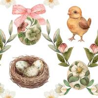 Easter seamless pattern with cute chick and nest on the white background. Hand drawn watercolor grid design in vintage style. Flower print ideal for wallpaper. Perfect for holiday fabric and paper. vector