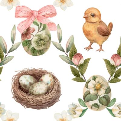 Easter seamless pattern with cute chick and nest on the white background. Hand drawn watercolor grid design in vintage style. Flower print ideal for wallpaper. Perfect for holiday fabric and paper.