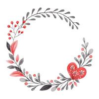 Round wreath with heart and leaves in folk style. Stylized illustration in red and gray colors for wedding invitation creating. Hand drawn composition is perfect for romantic and love card design. vector