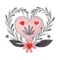 Floral heart composition with twigs in folk style. Stylized illustration in pink and gray colors for wedding invitation creating. Hand drawn arrangement is perfect for romantic and love design. vector