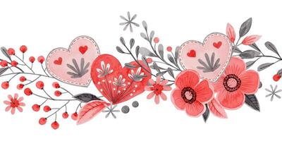 Seamless border with flower bouquet and heart in folk style. Stylized illustration in red and gray color for wedding invitation. Hand drawn composition is perfect for romantic and love card design. vector