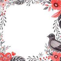 Square frame with bird and copy space in folk style. Stylized illustration in red and gray colors for wedding invitation creating. Hand drawn composition is perfect for romantic and love designs. vector