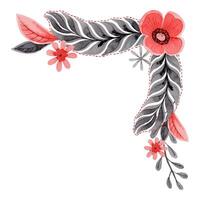Corner composition with flower and feather in folk style. Stylized illustration in red and gray for wedding invitation creating. Hand drawn arrangement is perfect for romantic and love designs. vector