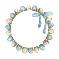 Easter wreath with quail egg and ribbon in vintage style. Hand drawn watercolor decorative festive design. Graphic circle frame with bow for greeting card template. Perfect for spring holiday season. vector
