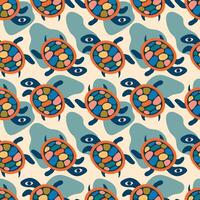 Turtle colorful seamless pattern. Turtles with vibrant patterned shells on a light background. Creative design for prints, textiles, paper, packaging vector