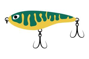 Colorful Fishing Lure with Hook. Colorful isolated illustration of a fishing lure featuring vibrant green and yellow patterns with multiple hooks. vector