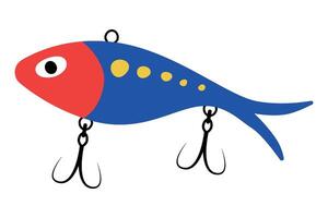 Colorful Fishing Lure Design with Hooks . Colorful blue and red fishing lure with hooks, featuring eye-catching patterns and a streamlined shape. vector