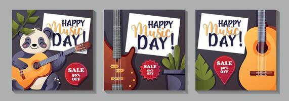 post set with musical instruments and Happy Music Day vector