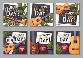 post set for Happy Music Day with instruments and sale vector