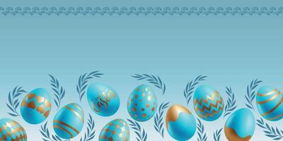 Happy Easter background with floral elements and pattern. Holiday banner with hovering falling blue with golden eggs. Greeting festival card. Botanic theme. vector