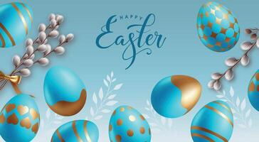 Happy Easter background with spring willow branch. Holiday banner with hovering falling blue with golden eggs. Greeting card. Botanic theme. vector