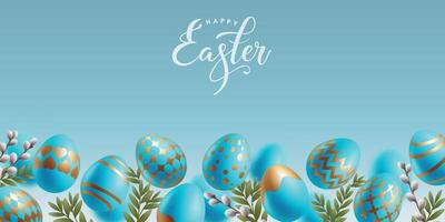 Happy Easter background with spring willow branch. Holiday banner with hovering falling blue with golden eggs. Greeting festival card. Botanic theme. vector