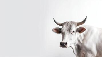A white cow with horns standing in front of a white background photo