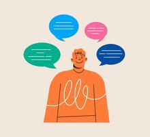 Man with chatting bubbles around his. The dialogue, communication, thoughts, ideas, messages. Colorful illustration vector