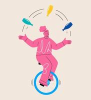 Woman is riding on unicycle and juggling different tasks. Multitasking concept. Colorful illustration vector