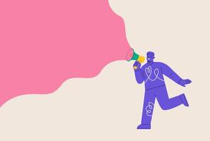 Man standing and shouting in loudspeaker. Advertising and promotion concept. Colorful illustration vector