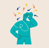 Woman standing under arrows coming out of her head symbolizing process thinking. Solving problem, deciding concept. Colorful illustration vector