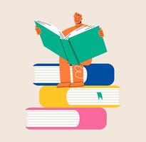 Man reads a large book, sitting on a huge pile of books. Colorful illustration vector