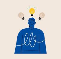 Man with illuminated lightbulb above head. Creative business idea Concept. Colorful illustration vector