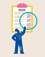 Business people studying list of rules, reading guidance, making checklist. Colorful illustration vector