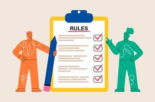Man and woman studying list of rules. Making checklist. Reading guidance. Colorful illustration vector