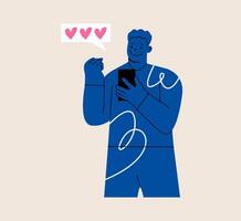 Cheerful man popular blogger looking glad standing with smartphone and checking number of followers and likes. Colorful illustration vector