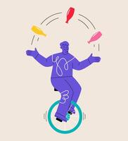 Man is riding on unicycle and juggling different tasks. Multitasking concept. Colorful illustration vector