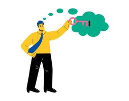 Business man inserting key to keyhole of thought bubble. Unlock idea and explore potential, development of thinking. Flat illustration isolated on white background vector