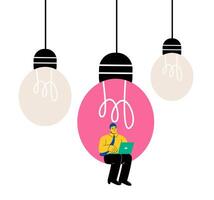 Business man sitting in light bulb with laptop Idea, innovation, solution concept. Flat illustration isolated on white background vector