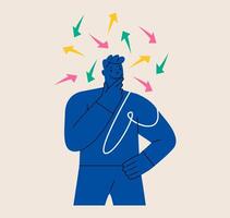 Man standing under arrows coming out of his head symbolizing process thinking. Solving problem, deciding concept. Colorful illustration vector