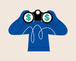 Man look through binoculars and searching money. Colorful illustration vector