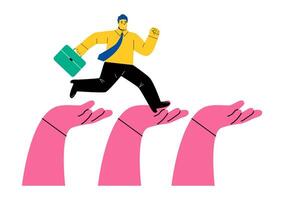 A business man runs through the hands of support. Movement to success in business. Flat illustration isolated on white background vector
