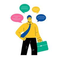 Business man with chatting bubbles around his. The dialogue, communication, thoughts, ideas, messages. Flat illustration isolated on white background vector