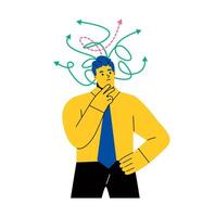 Business man trying to make choice between different ways to solve problem. Person looking for best solution to problem. Uncertainty concept. Flat illustration isolated on white background vector