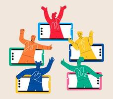 Friends online call. Happy young on web windows communication. Colorful illustration vector