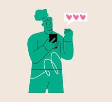 Cheerful woman popular blogger looking glad standing with smartphone and checking number of followers and likes. Colorful illustration vector