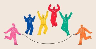 Group of people jump with skipping rope. Fitness exercise with jumping rope. Colorful illustration vector