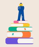 Men standing on huge stack of books. Learning and education. Colorful illustration vector