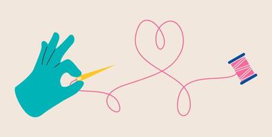 Hand holds a needle with thread. Colorful illustration vector